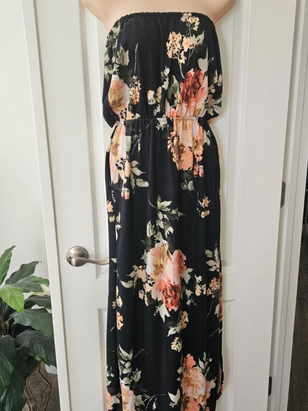 Black Floral Maxi Dress Strapless Romantic Boho Date Night Vacation Beach